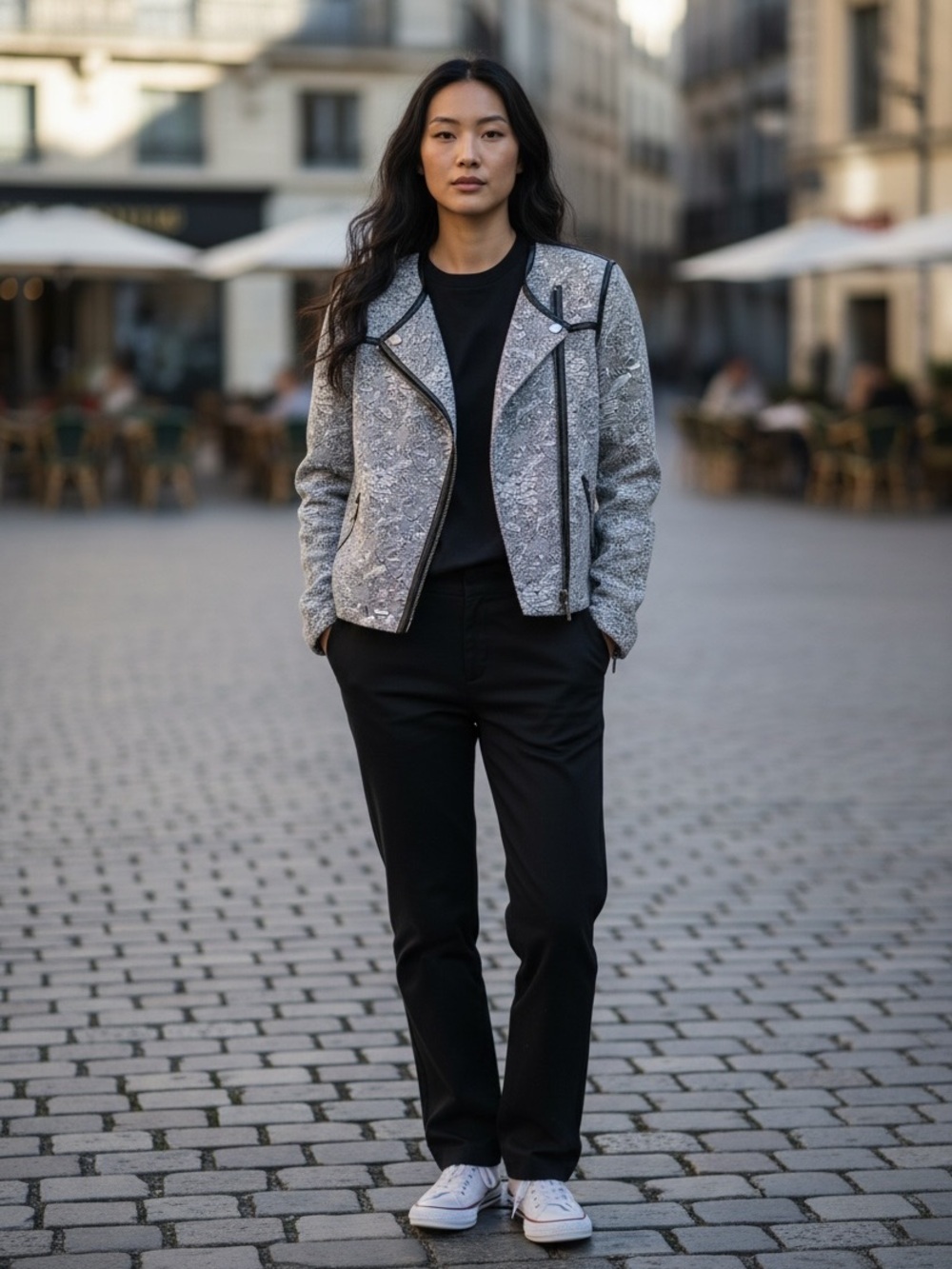 Rebecca Taylor Tan/Black Herringbone Wool/ Lambskin Leather Cropped Blazer